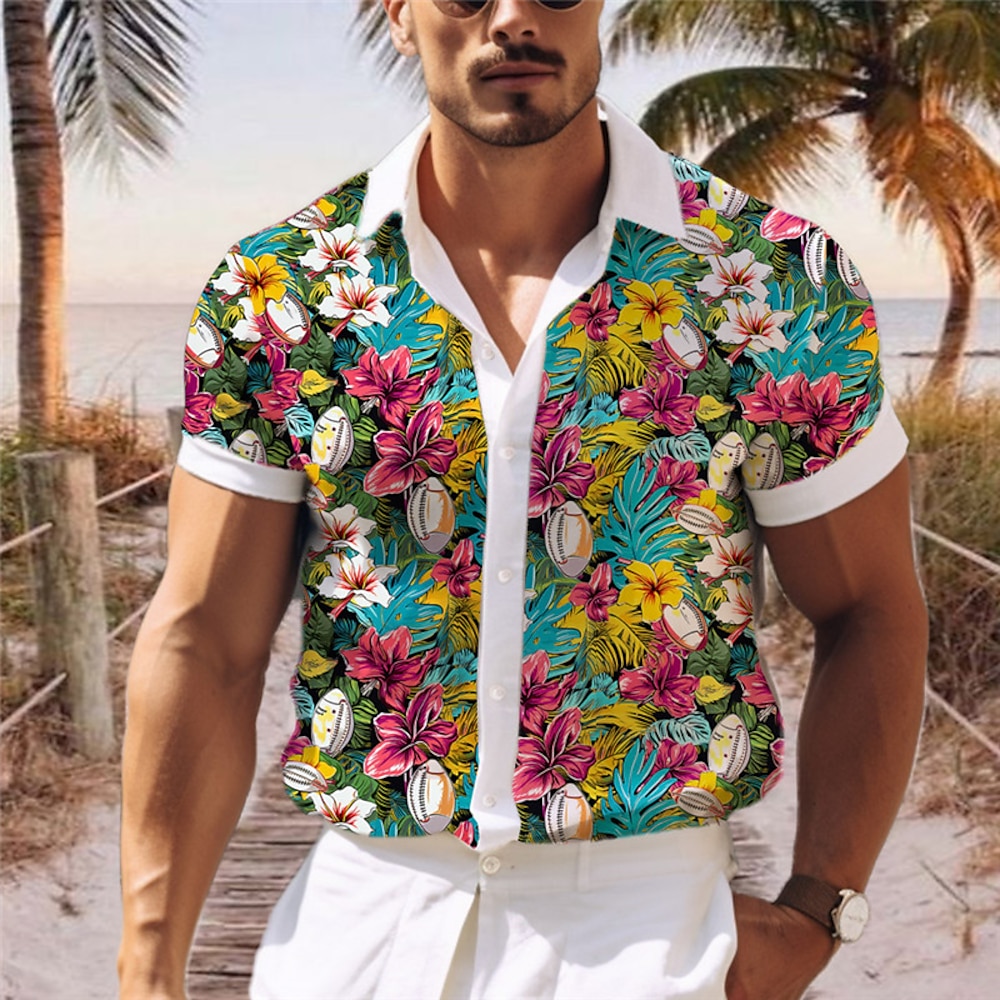 Herren Blumen Tropische Blumen Hemd Hawaiihemd Sommerhemd Aloha-Shirt Kurzarm Hemd Umlegekragen Brautkleider schlicht Outdoor Strasse Casual Rosa Dunkelmarine Blau S M L Lightinthebox