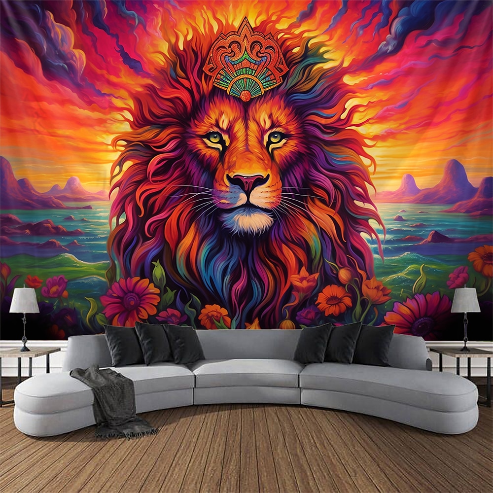 Großer Löwe, Schwarzlicht-Wandteppich, UV-reaktives Leuchten im Dunkeln, trippy, psychedelisch, neblige Naturlandschaft, hängender Wandteppich, Wandkunst-Wandbild für Wohnzimmer, Schlafzimmer Lightinthebox