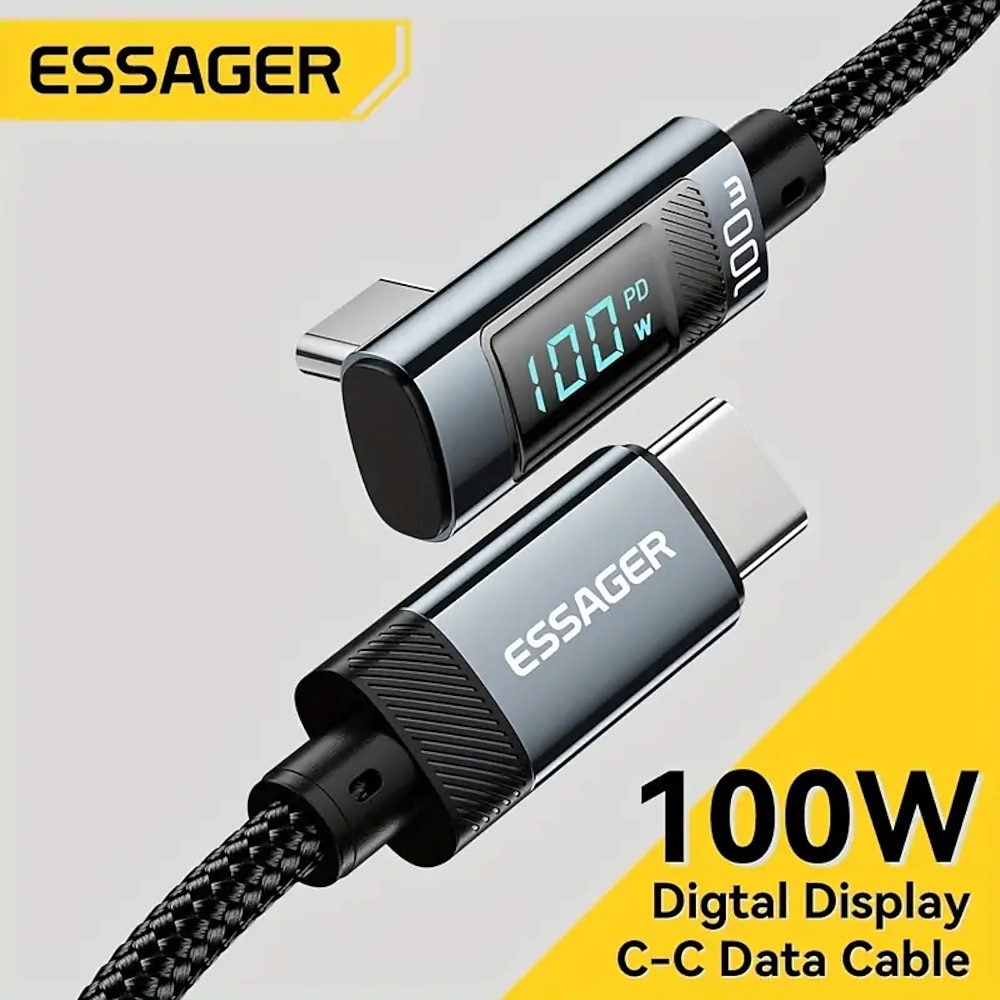 Essager 100 W USB-C-auf-USB-C-Schnellladegerät, 90-Grad-Winkel, Ladekabel, Display, 5 A, Schnelllade-USB-C-Datenkabel Lightinthebox