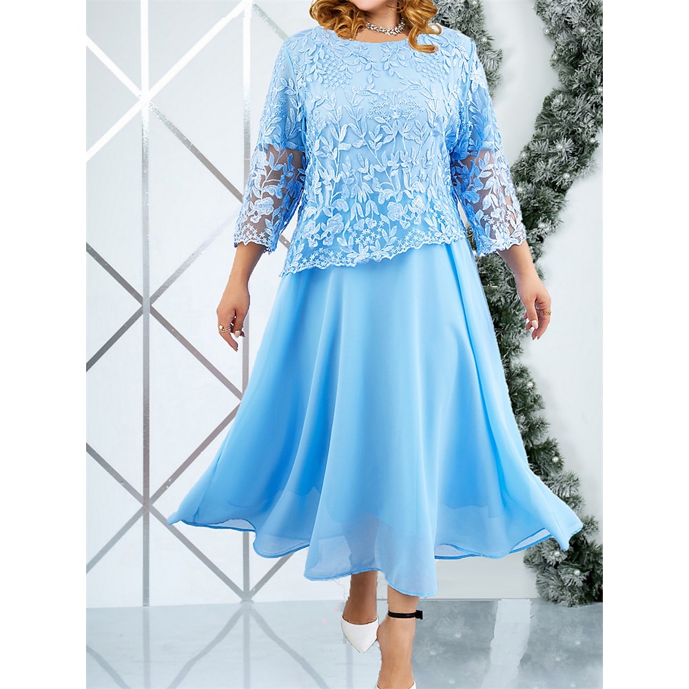 Damen Übergröße Kurve abendkleider Winter Kleid Spitzenkleid Feste Farbe kleid lang 3/4 Ärmel Spitze Rüschen Rundhalsausschnitt Elegant Party Rosa Blau Sommer Frühling L XL 2XL 3XL 4XL Lightinthebox