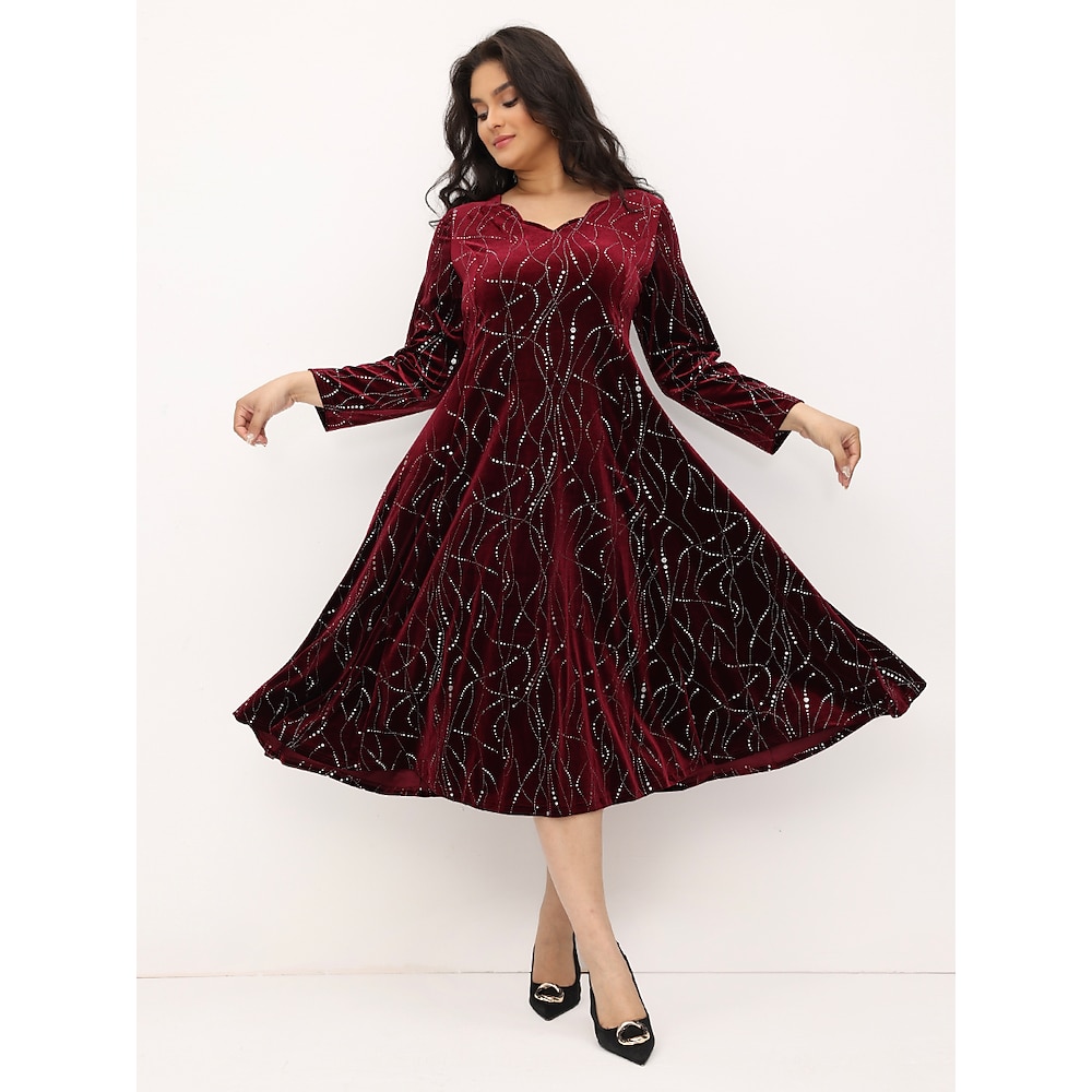 Damen-Plus-Size-Curve-elegantes Samtkleid, Partykleid, A-Linien-Kleid, Farbverlauf, langes Kleid, Maxikleid, langärmlig, bedruckt, V-Ausschnitt, Partykleid, Hochzeitsgastkleid Lightinthebox