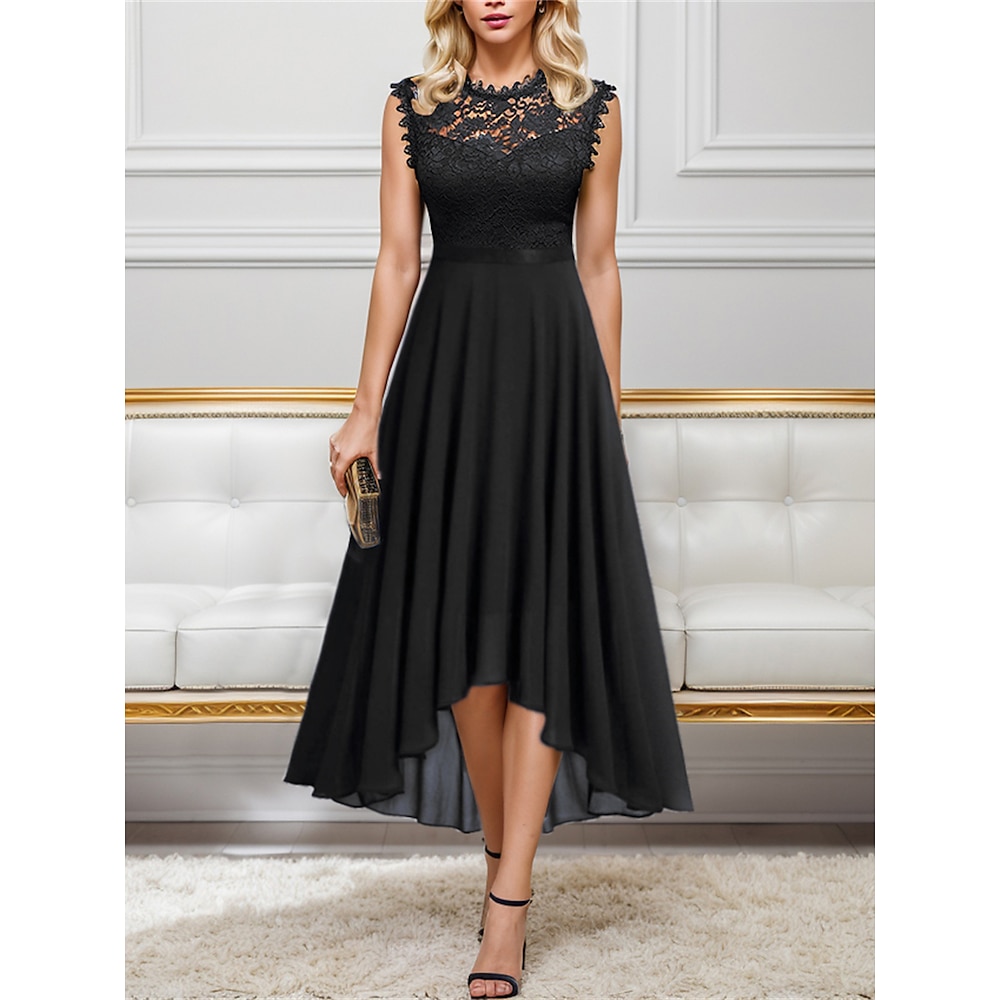 Damen schwarzes kleid Spitzenkleid abendkleider Chiffon Spitze Rüschen Rundhalsausschnitt Ärmellos Midikleid winterkleider damen kleid hochzeitsgast Schwarz Rosa Sommer Frühling Lightinthebox