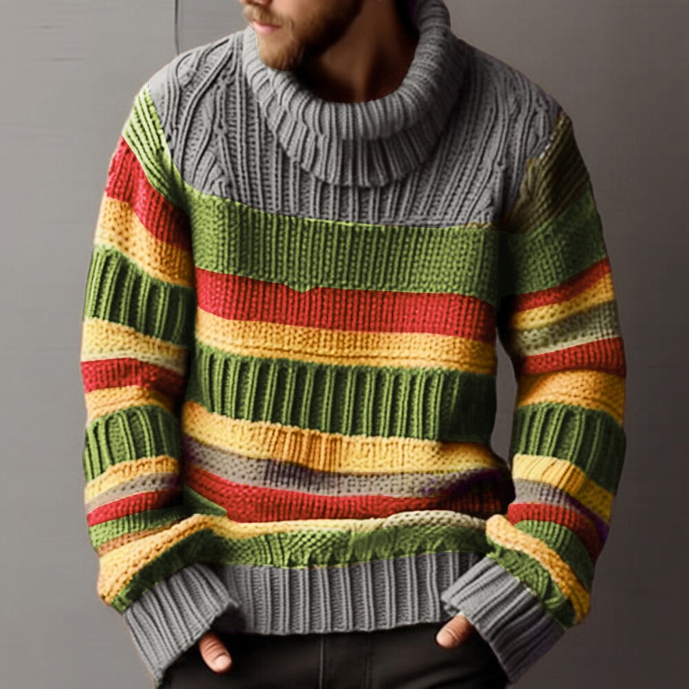 Weihnachtspullover, Rollkragenpullover für Herren, Pullover, gestreifter Pullover, gerippter Zopfstrick, normaler Strick, Farbblock, warm halten, modern, zeitgenössisch, Alltagskleidung, Kleidung, Herbst Lightinthebox