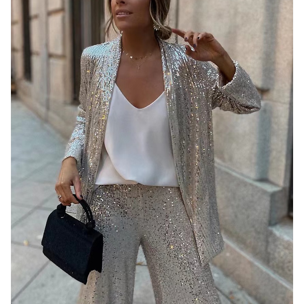 Damen Blazer Sakko Formal Pailletten Glatt Komfortabel Modisch Lockere Passform Oberbekleidung Langarm Frühling Silber S Lightinthebox