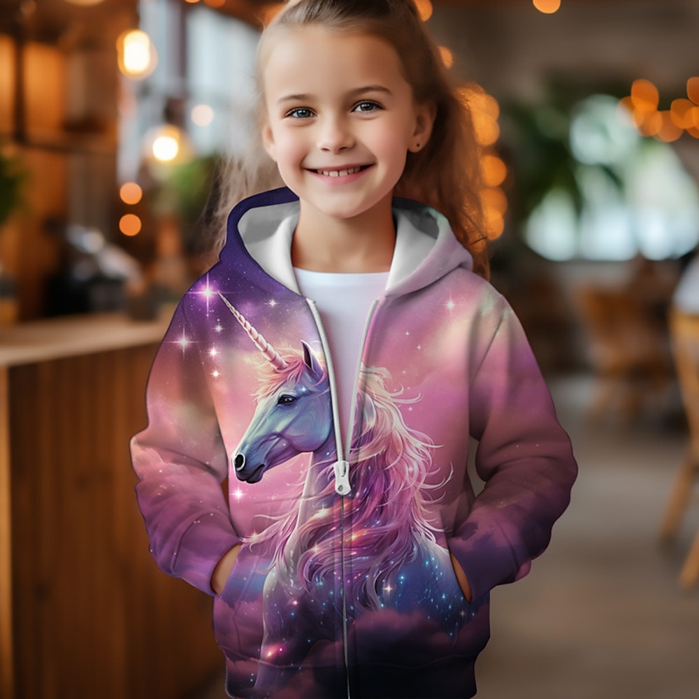 3D-Einhorn-Hoodie-Mantel für Mädchen, Oberbekleidung, rosa, langärmelig, Herbst, Winter, aktiv, süß, Streetwear, Polyester, Kinder, 3-12 Jahre, Reißverschluss, Straße, täglich, normale Passform Lightinthebox