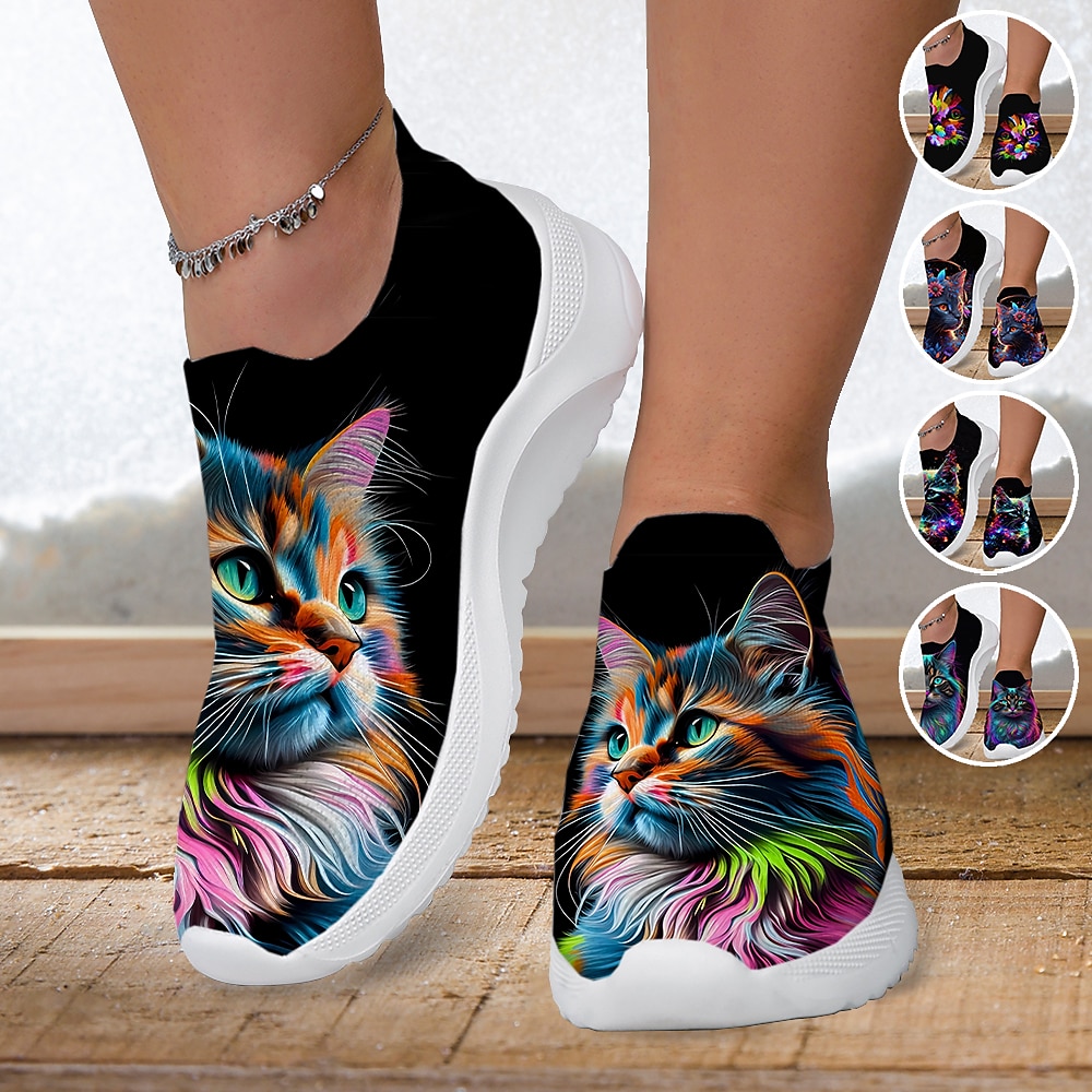 Damen Turnschuhe Slip-Ons Schuhe bedrucken Flyknit Schuhe Komfort Schuhe Outdoor Täglich Katze Flacher Absatz Modisch Brautkleider schlicht Fliegendes Weben Gelb Rosa Blau Lightinthebox