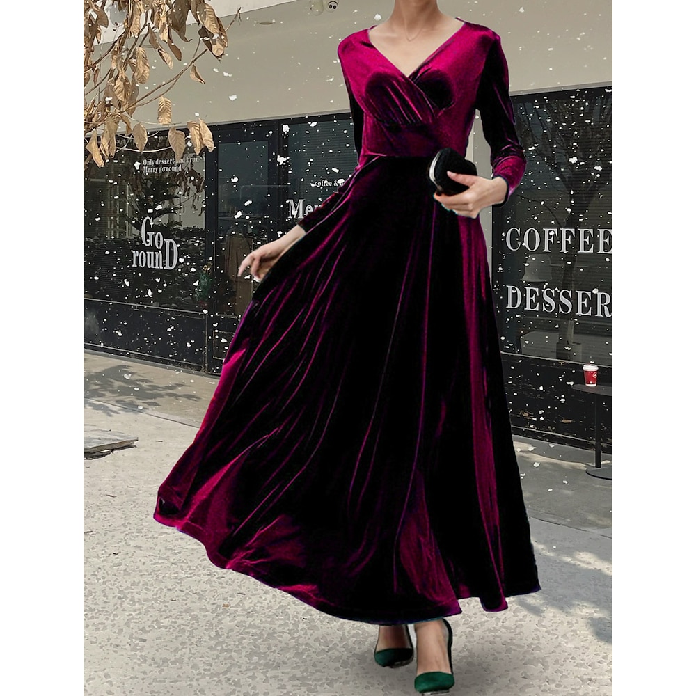 Damen velvet kleid Ballkleid abendkleider Baumwolle Rüschen V Ausschnitt Langarm Midikleid Weihnachten winterkleider damen Stilvoll Schwarz Wein Winter Lightinthebox