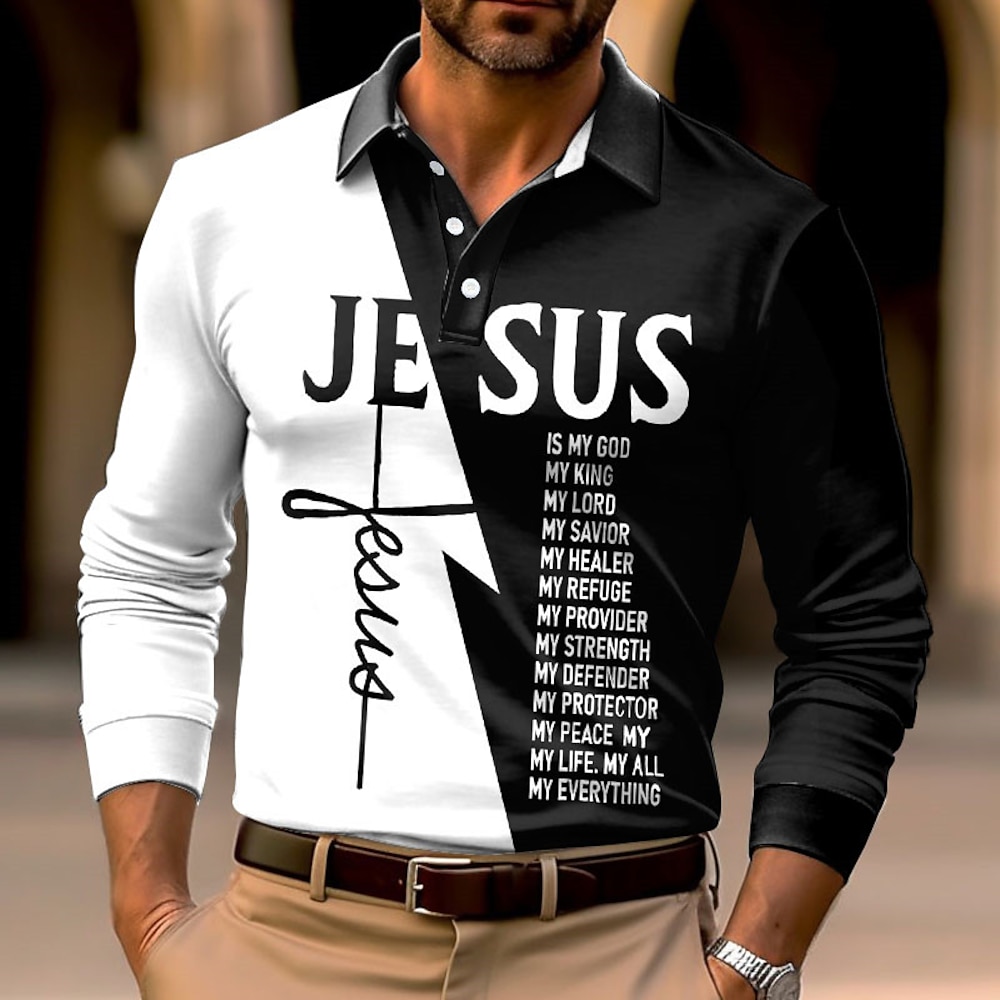 Herren Jesus Christian Poloshirts Golfhemd Langarm Polo-Shirts Hemden mit Kragen Brautkleider schlicht Urlaubskleidung Party-Outfits Knopf 3D-Druck Weiß Gelb Blau Lightinthebox