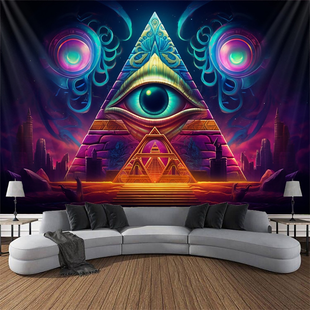 Schwarzlicht Wandteppich UV reaktiv im Dunkeln leuchtend Party Neon Pyramide Auge Natur psychedelisch trippig neblig hängender Wandteppich Wandbild für Wohnzimmer Schlafzimmer Lightinthebox