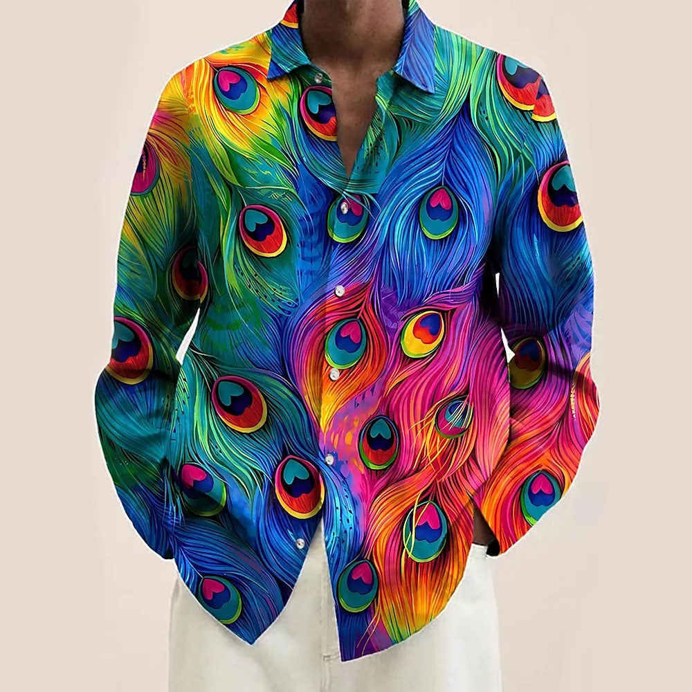 Herren Farbblock Geometrische Muster Feder Hemd Knopfhemd Langarm Hawaiianisch Künstlerisch Urlaub Casual Wochenende Frühling Sommer Umlegekragen Bedruckt Button-Down Blau Purpur Grün Lightinthebox