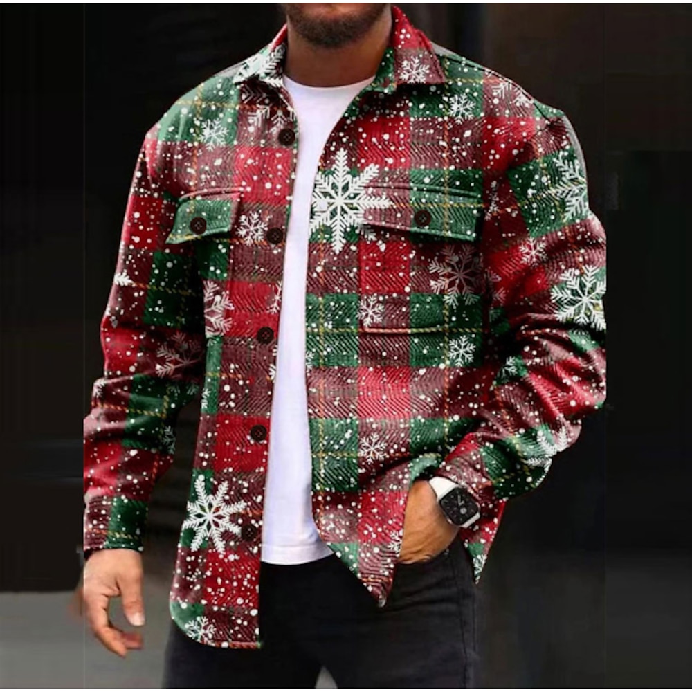 Weihnachten Herren Schneeflocke Weihnachtsszene Flanelljacke Flanell Hemden Hemdjacke Flanelljacke Langarm Hemd Umlegekragen Brautkleider schlicht Weihnachten Outdoor Strasse Schwarz Gelb Blau S M L Lightinthebox