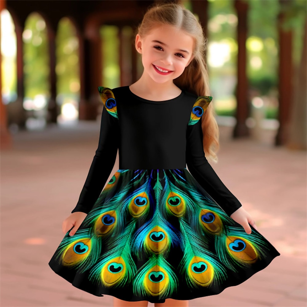 Mädchen' 3D Feder Rüschenkleid Langarm 3D-Druck Herbst Winter Sport Natur Täglich Festtage Kuschelig Brautkleider schlicht Schön kinderkleidung 3-12 Jahre Casual kleid A Linie Kleid Übers Knie Lightinthebox