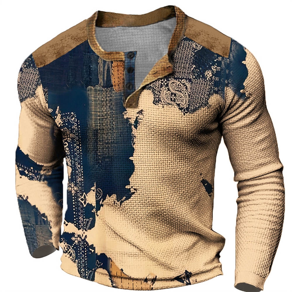 Herren Graphic Gebäude Henley Shirt Waffel-T-Shirt Langarm 3D-Druck Modisch Designer Brautkleider schlicht Sports Outdoor Festtage Festival Frühling Herbst Blau Khaki Dunkelblau Grau Henley Henley Lightinthebox