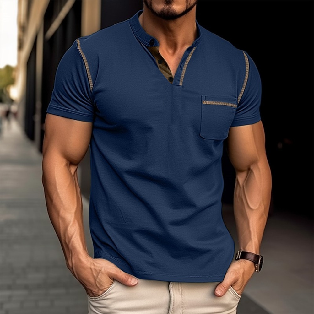 Herren Henley Shirt T-Shirt Kurze Ärmel Glatt Modisch Designer Basic Tasche Henley Urlaub Strasse Ausgehen Sommer Aprikose Schwarz Weiß Henley T-Shirt Lightinthebox