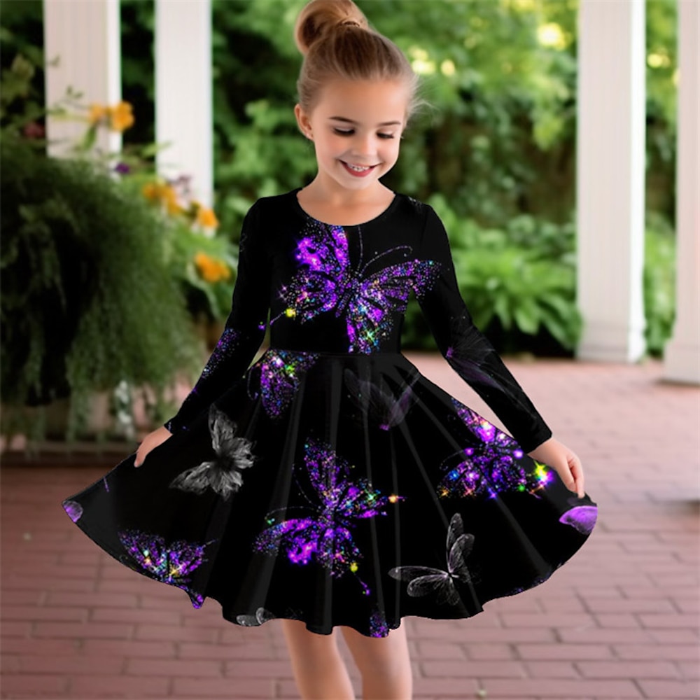 Mädchen' 3D Schmetterling Kleid Langarm 3D-Druck Frühling Herbst Urlaub Sport Natur Täglich Kuschelig Brautkleider schlicht Schön kinderkleidung 3-12 Jahre Casual kleid A Linie Kleid Übers Knie Lightinthebox