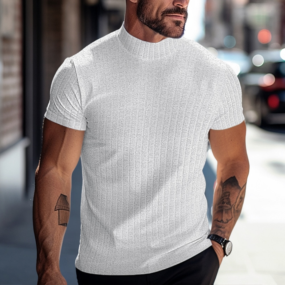 Herren T Shirt Geripptes Strick-T-Shirt T-Shirt Rollkragenpullover Glatt Grubenstreifen Rollkragen Strasse Urlaub Kurze Ärmel Schmaler Schnitt Bekleidung Modisch Designer Basic Lightinthebox