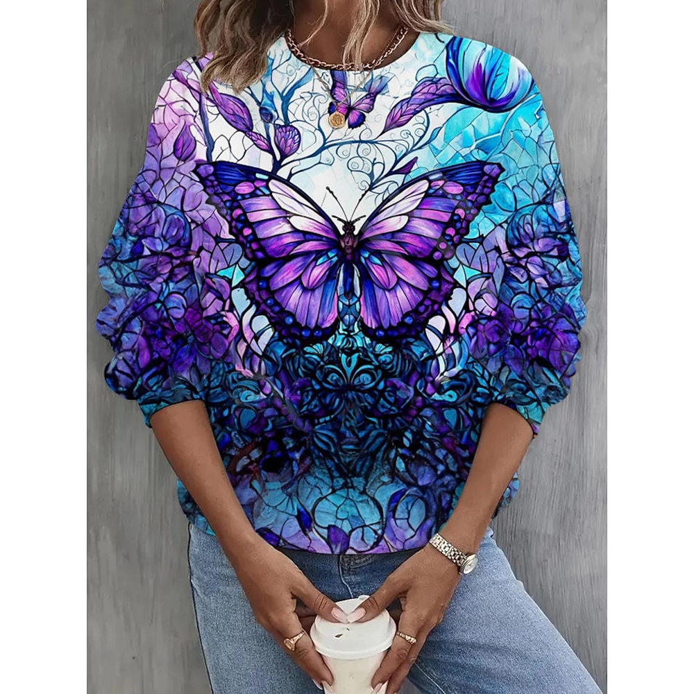 Damen Sweatshirt Pullover Zur Seite fahren Polyester Graphic Tier Schmetterling Casual Sport Bedruckt Sportbekleidung Lustig Rundhalsausschnitt Langarm Mikro-elastisch Herbst Winter Lightinthebox