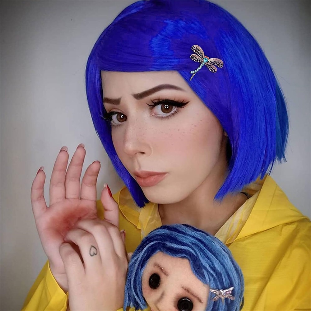 Coraline Perücke Kostüm Halskette Blaue Bob Perücken für Frauen Mädchen Kurze Glatte Farbige Perücke mit Pony für Motto Kostüm Party Karneval (Nur Perücke) Lightinthebox