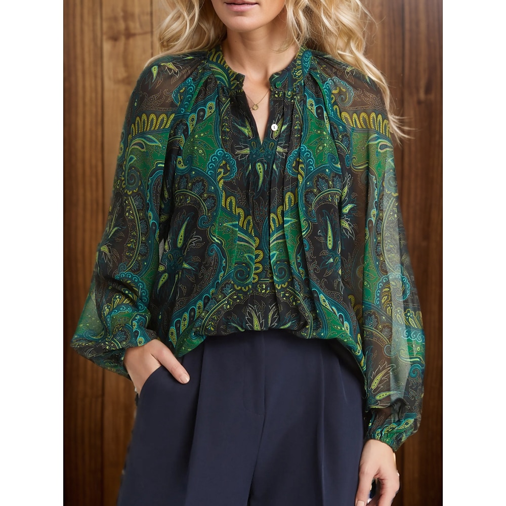 Damen Hemd Bluse Modisch Graphic Paisley-Muster Ethnisch Normale Oberteile Langarm Laternenärmel V Ausschnitt Knopf Bedruckt Regular Fit St.Patrick's Day Arbeit Casual Grün Frühling Herbst Lightinthebox