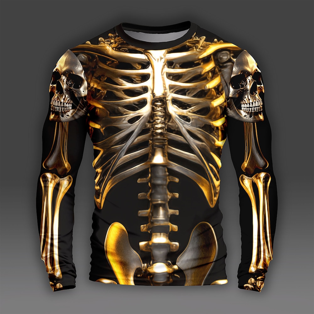 Herren Graphic Totenkopf Motiv Skelett Langarm T-Shirt 3D-Druck Rundhalsausschnitt Hemd Täglich Designer Künstlerisch Party Casual Festtage Gold Frühling Herbst Bekleidung Normal S M L XL XXL XXXL Lightinthebox