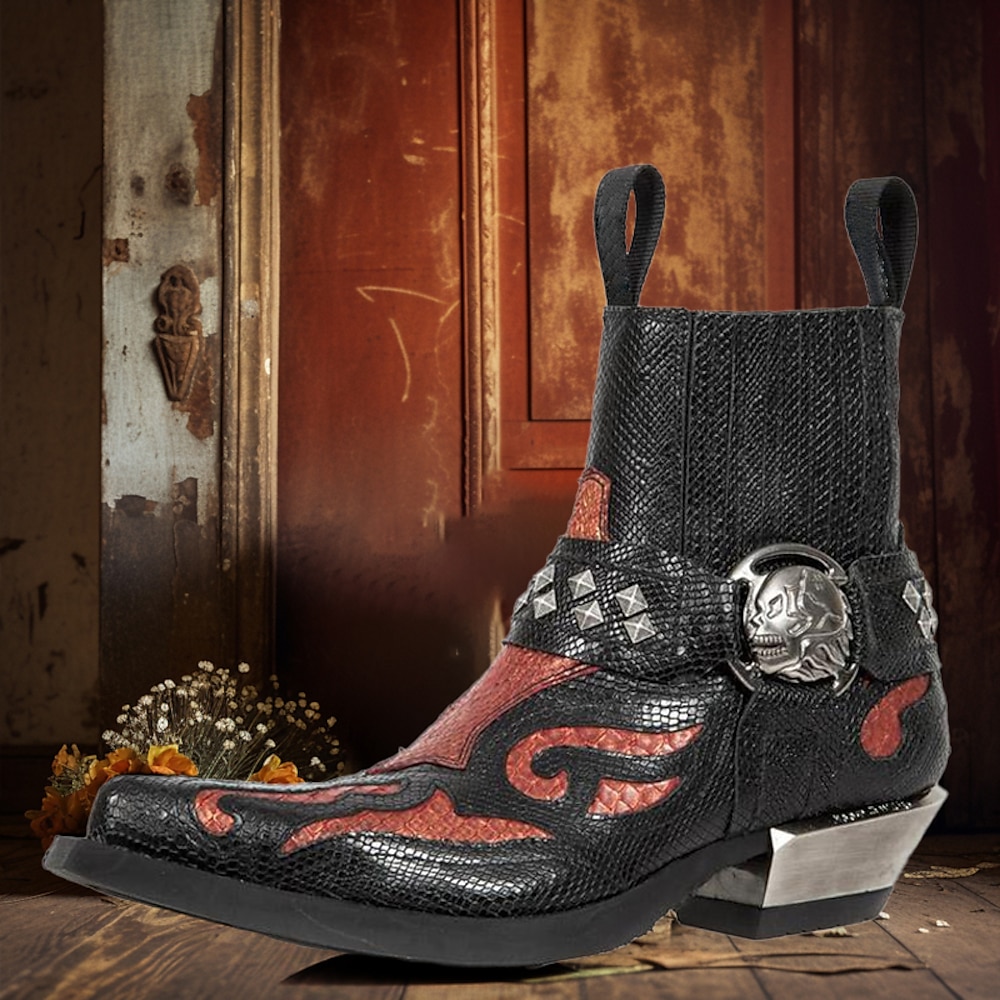 schwarz-rote Westernstiefel für Herren mit Python-Print und Totenkopfschnalle - Statement-Schuhwerk für den Cowboy- und Rockabilly-Stil Lightinthebox