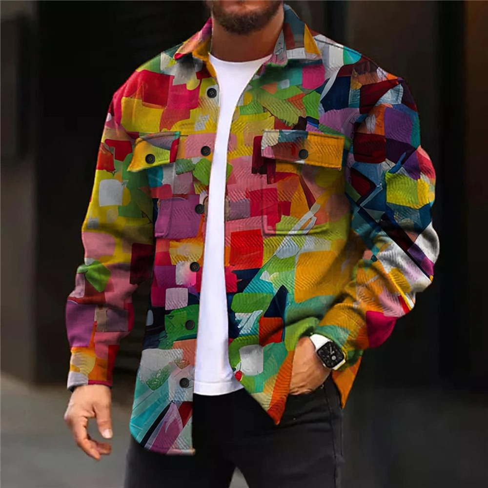 Herren Geometrische Muster Geometrie Hemd Hemdjacke Langarm Künstlerisch Abstrakt Freizeitskleidung Ausgehen Wochenende Herbst Winter Umlegekragen Tasche Bedruckt Button-Down Purpur Regenbogen Lightinthebox