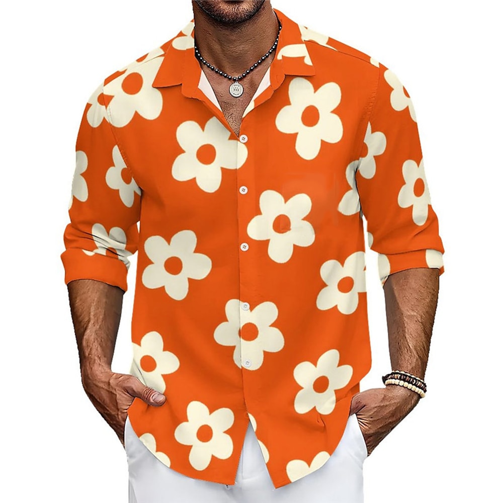 Herren Blumen Gänseblümchen Hemd Hawaiihemd Sommerhemd Langarm Hemd Umlegekragen Brautkleider schlicht Freizeitskleidung Ausgehen Purpur Orange S M L Lightinthebox