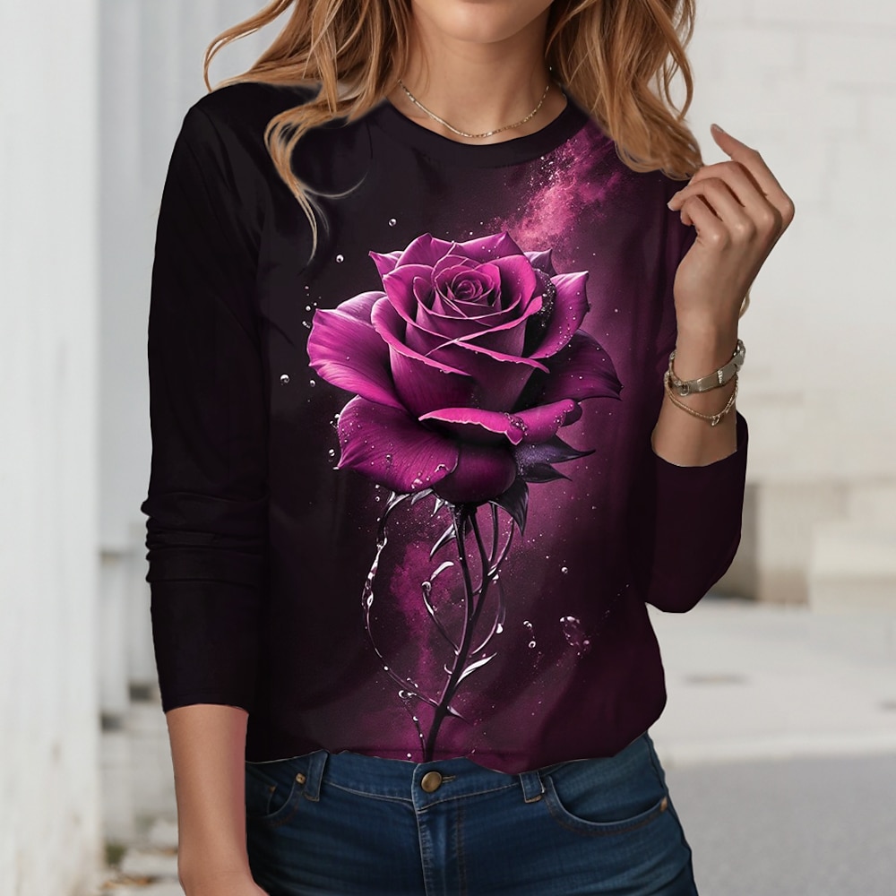 Damen T Shirt Rose Blumen Bedruckt Festtage Wochenende Modisch Langarm Rundhalsausschnitt Rosa Frühling Herbst Lightinthebox