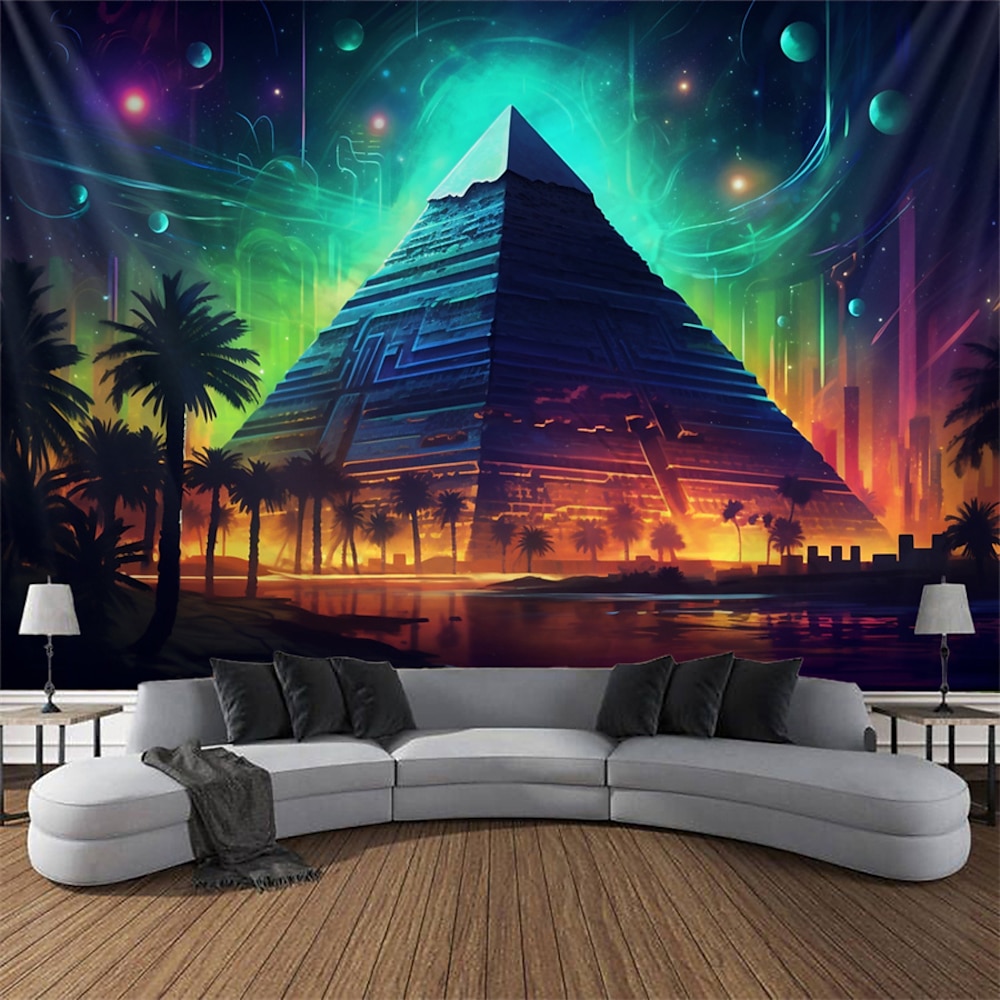 Schwarzlicht-Wandteppich, UV-reaktiv, im Dunkeln leuchtend, Neon-Wandteppich, ägyptische Pyramide, psychedelisch, trippig, nebliger Wandteppich, Wandbild für Wohnzimmer, Schlafzimmer Lightinthebox