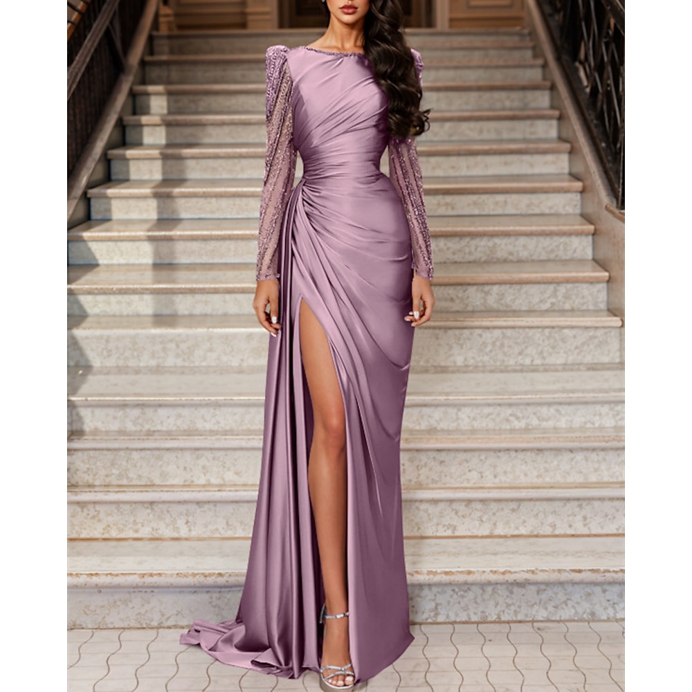 TS Meerjungfrau/Trompete Abendkleid elegantes Kleid Hochzeitsgast Black Tie Sweep/Pinselschleppe lange Ärmel Rundhalsausschnitt Satin mit gerüschtem Schlitz 2024 Lightinthebox