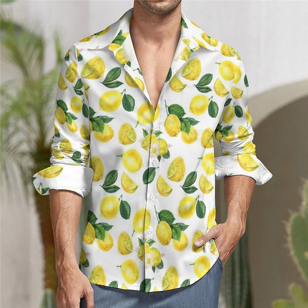 Herren Zitronengelb Wassermelone Hemd Hawaiihemd Sommerhemd Knopfhemd Langarm Brautkleider schlicht St.Patrick's Day Freizeitskleidung Ausgehen Herbst Winter Umlegekragen Bedruckt Button-Down Gelb Lightinthebox