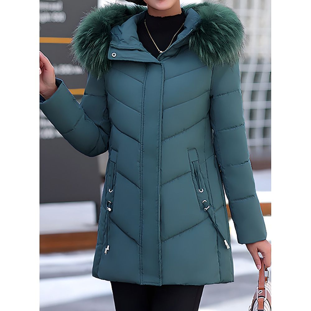 Damen Winterjacke warm halten Atmungsaktiv Outdoor Freizeitskleidung Ausgehen Gehen Tasche Full Zip Pelzkragen Reisverschluss Kapuzenpullover Modisch Täglich Modern Brautkleider schlicht Feste Farbe Lightinthebox