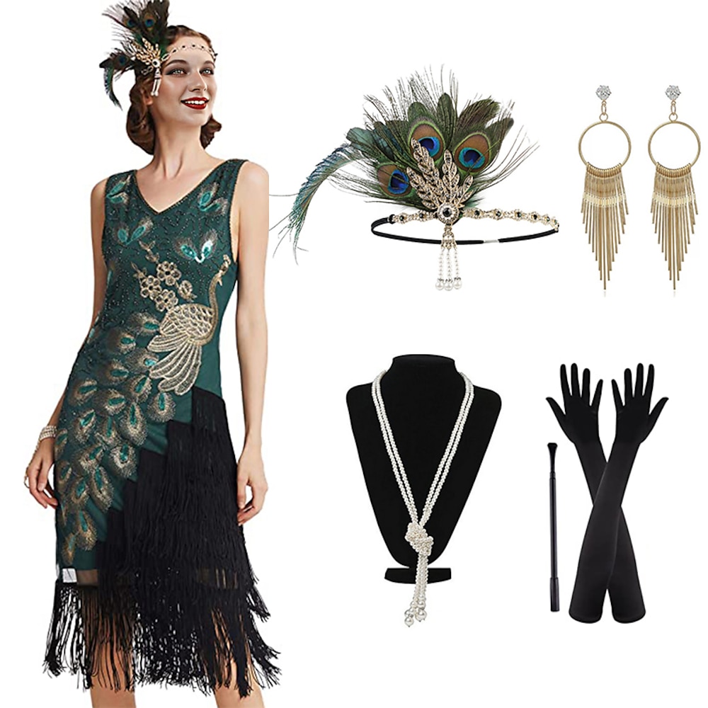 Retro Vintage Brüllen 20s 1920s Flapper Kleid Kleid Austattungen Halskette / Ohrringe Der große Gatsby Hochzeitsgast Pailletten Quaste Damen Party / Abend Maskerade Hochzeitsempfang Erwachsene Kleid Lightinthebox