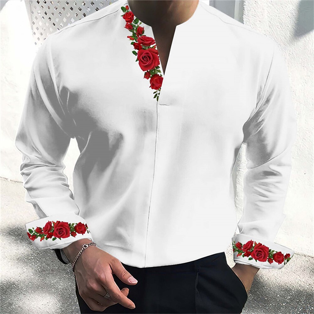 Herren Hemd Oberhemd Henley Shirt Bedruckte Hemden Rose Valentinstag Freizeitskleidung Schwarz Weiß Rosa Rote Langarm V Ausschnitt Frühling Sommer Bekleidung 3D-Druck Lightinthebox