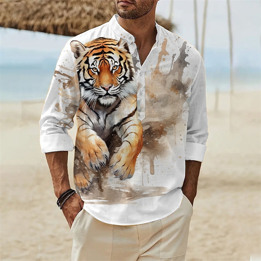 Herren Tier Tiger Hemd leinenhemd Langarm Hawaiianisch Brautkleider schlicht Freizeitskleidung Urlaub Ausgehen Frühling Herbst Ständer Knopf Bedruckt Blau Purpur Orange Grün Lightinthebox