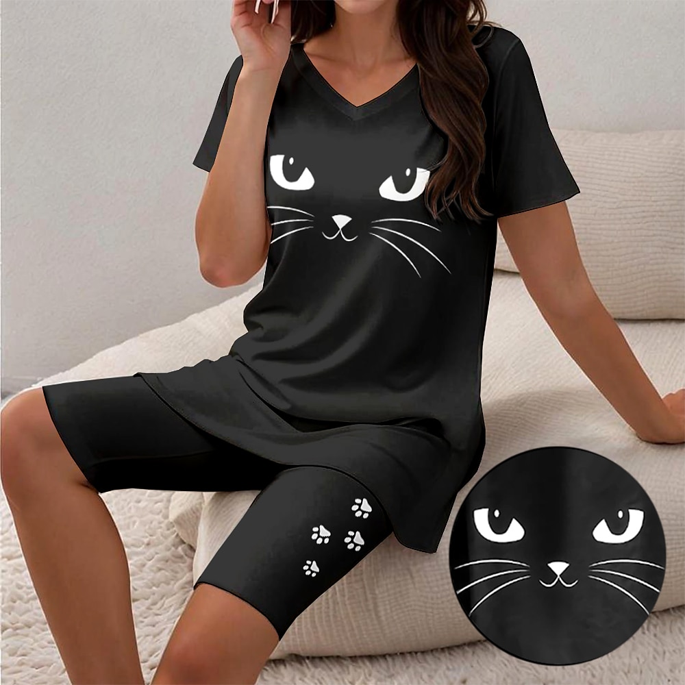 Pyjama-Set für Damen mit Katzengesicht-Print, V-Ausschnitt, Oberteil und Shorts, schwarz, lässige Loungewear, Nachtwäsche für den Sommer, bequeme Passform, mehrere Größen Lightinthebox