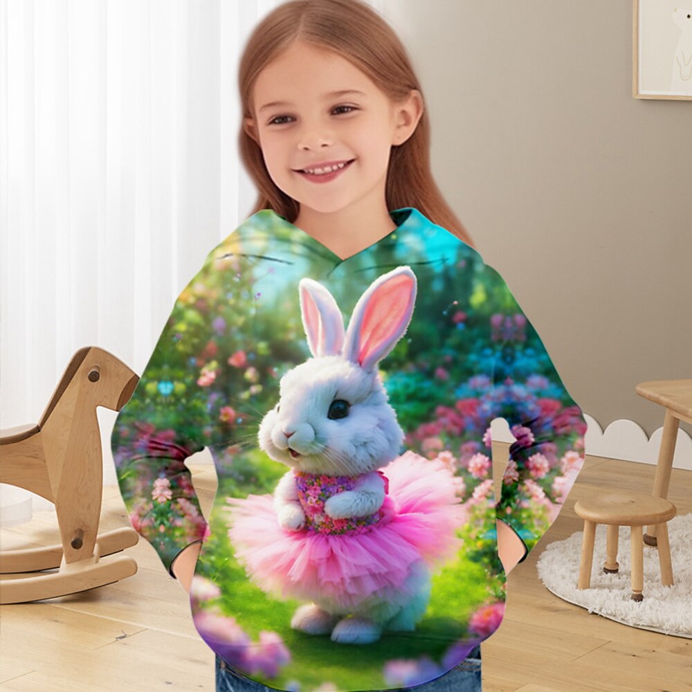 Ostern-Mädchen-Kapuzenpullover mit 3D-Kaninchen, langärmelig, 3D-Druck, Frühling, Herbst, aktiv, modisch, niedlich, Polyester, für Kinder von 3-12 Jahren, mit Kapuze, Outdoor, lässig, täglich, normale Passform Lightinthebox