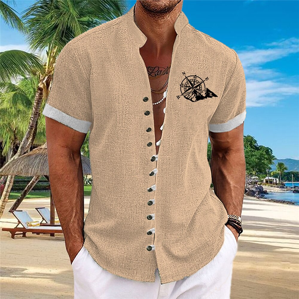 Herren Kompass Hawaiihemd Sommerhemd Aloha-Shirt Bedruckte Hemden Kurze Ärmel Hemd Stehkragen Hawaiianisch Resort Urlaub Freizeitskleidung Strand Rosa Blau Khaki S M L Lightinthebox