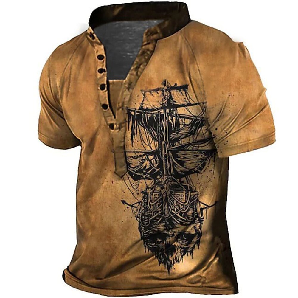 Herren Graphic Segelboot Totenkopf Motiv T Shirt Henley Shirt Raglan-T-Shirt T-Shirt Kurzarm T-Shirt 3D-Druck Henley Hemd Täglich Retro Vintage Brautkleider schlicht Festtage Urlaub Ausgehen Gelb Lightinthebox