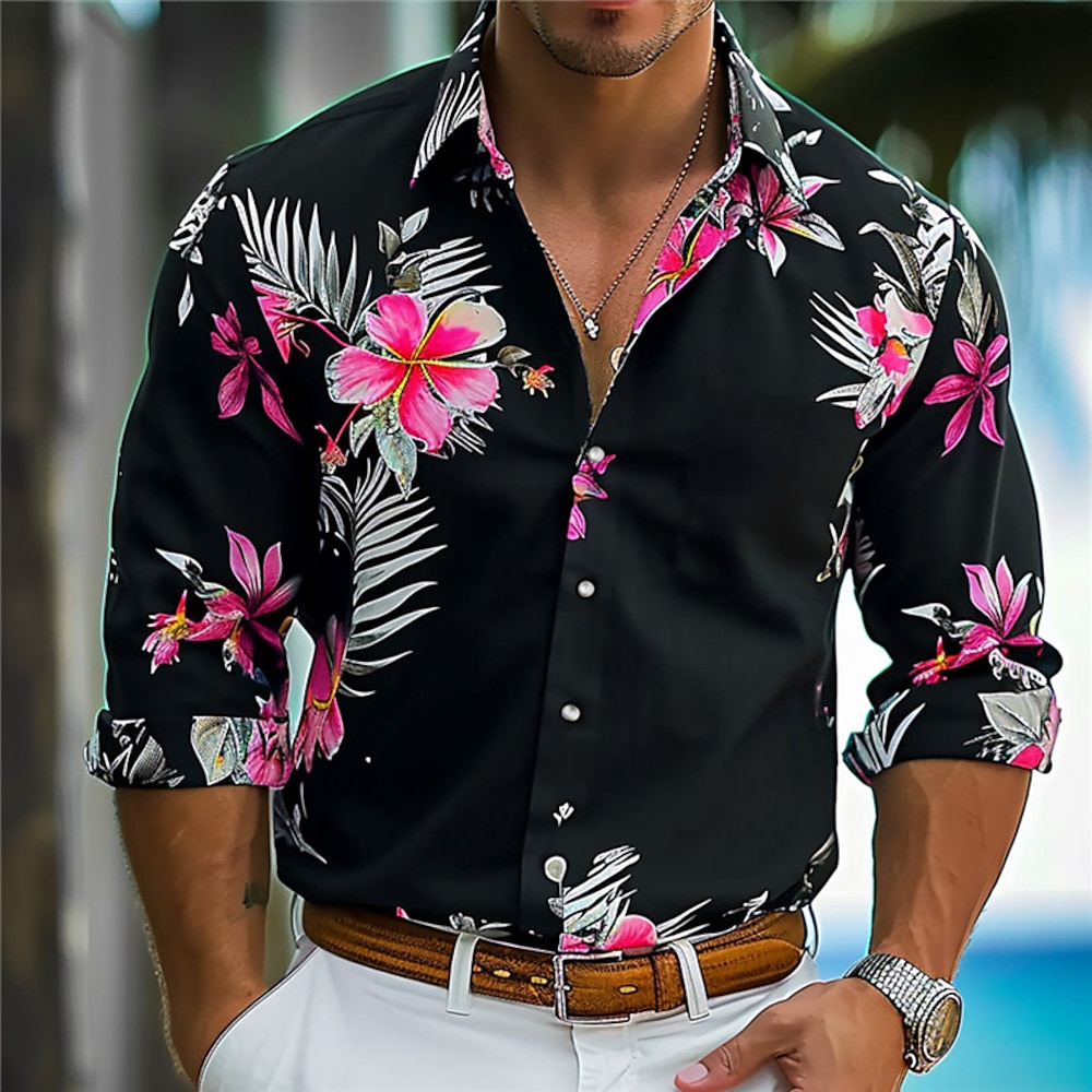 Herren Blumen Tropische Blumen Hawaiihemd Sommerhemd Aloha-Shirt Bedruckte Hemden Langarm Hemd Umlegekragen Hawaiianisch Resort Urlaub Strasse Festtage Rosa Orange Grün S M L Lightinthebox