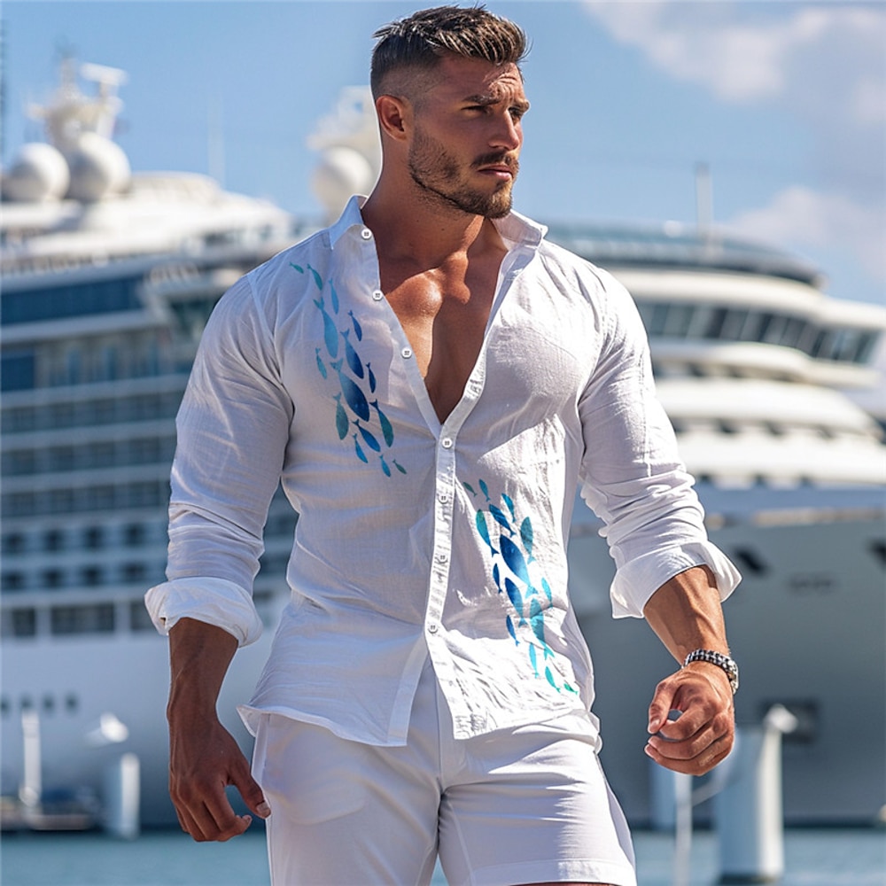 Herren Wellen Seelandschaftsmuster Hawaiihemd Sommerhemd Aloha-Shirt Bedruckte Hemden Langarm Hemd Umlegekragen Hawaiianisch Resort Urlaub Ausgehen Strand Schwarz Weiß Blau S M L Lightinthebox