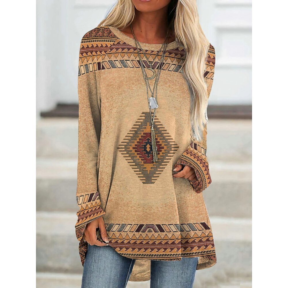 Damen T Shirt Tunika Marron Gelb Hellgrün Geometrisch Plaid Bedruckt Langarm Casual Tuniken Vintage Ethnisch Rundhalsausschnitt Lang Böhmisches Thema Geometrisch Übergröße S Lightinthebox