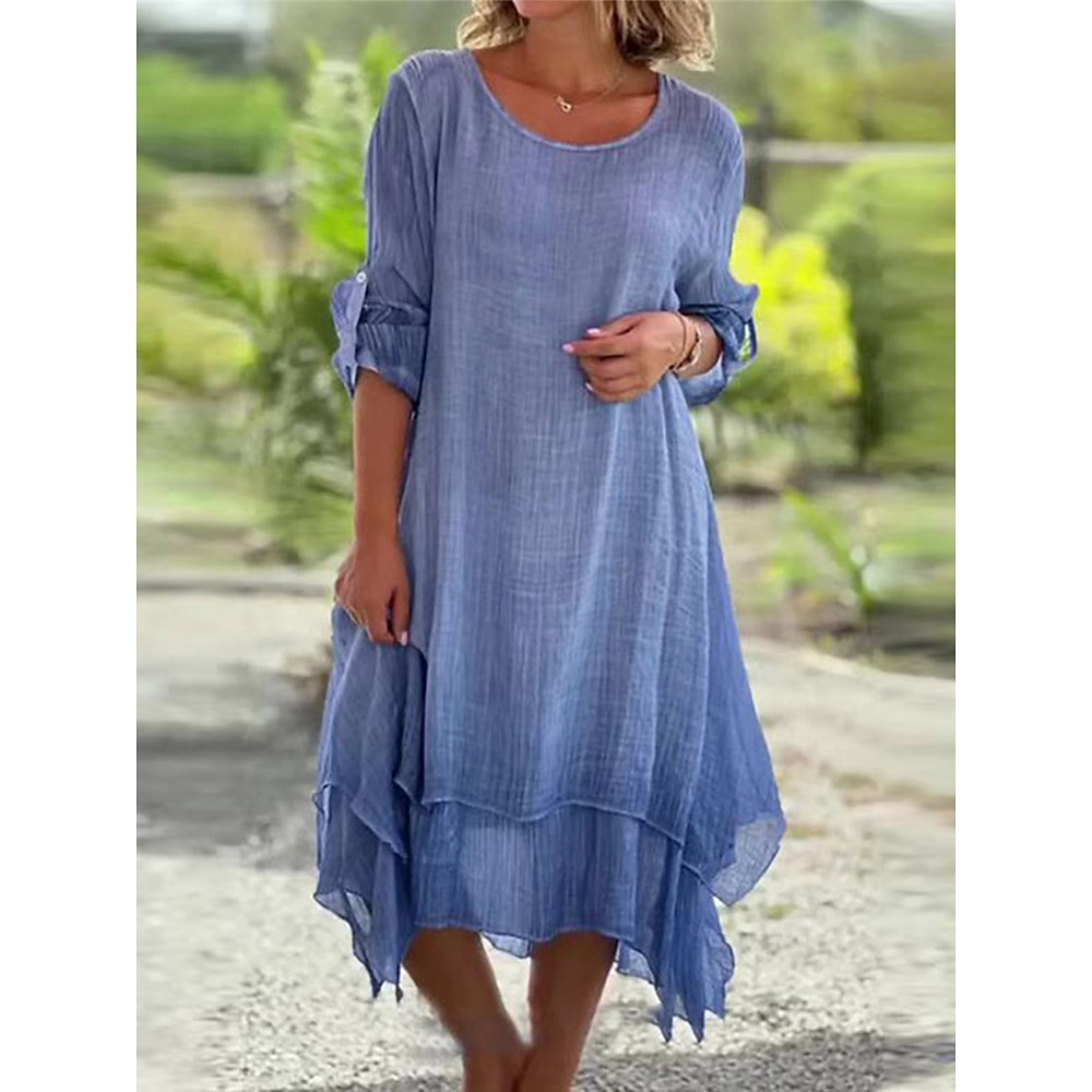 Damen Leinenkleid Casual kleid Sommerkleid aus Baumwolle Midikleid Leinen Taste Layer-Look Basic Täglich Rundhalsausschnitt 3/4 Ärmel Sommer Frühling Blau Rosenrot Glatt Lightinthebox