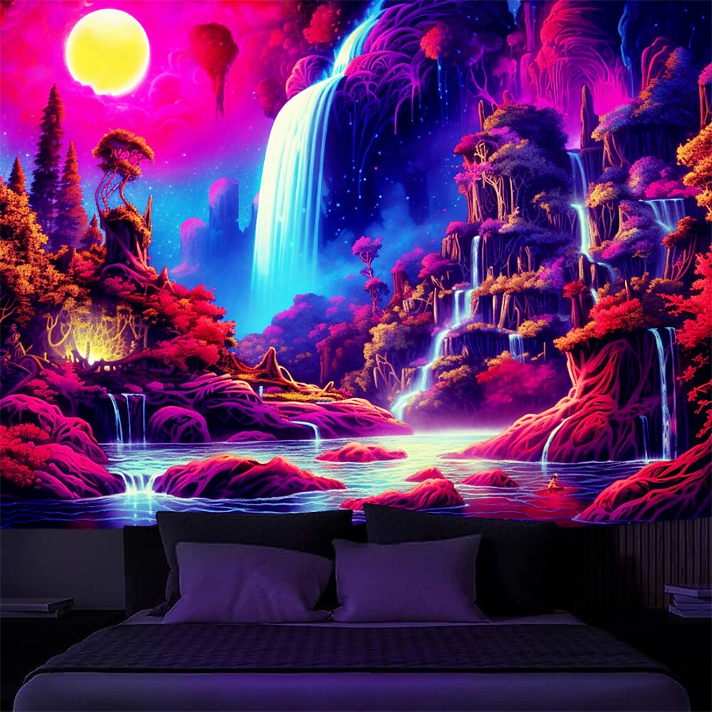 Schwarzlicht Wandteppich UV reaktiv im Dunkeln leuchtend Party Neon Wunderland Wasserfall psychedelisch trippig neblig hängender Wandteppich Wandbild für Wohnzimmer Schlafzimmer Lightinthebox