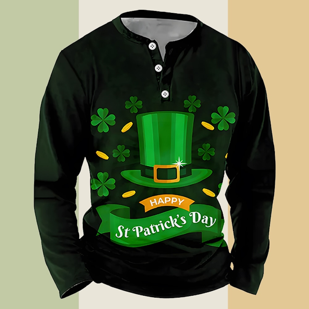 Herren St. Patrick Graphic Karikatur Kleeblatt Henley Shirt Langarm 3D-Druck Modisch Täglich Brautkleider schlicht Casual Festtage Ausgehen Frühling Herbst Schwarz Hellgrün Dunkelgrün Grün Henley Lightinthebox