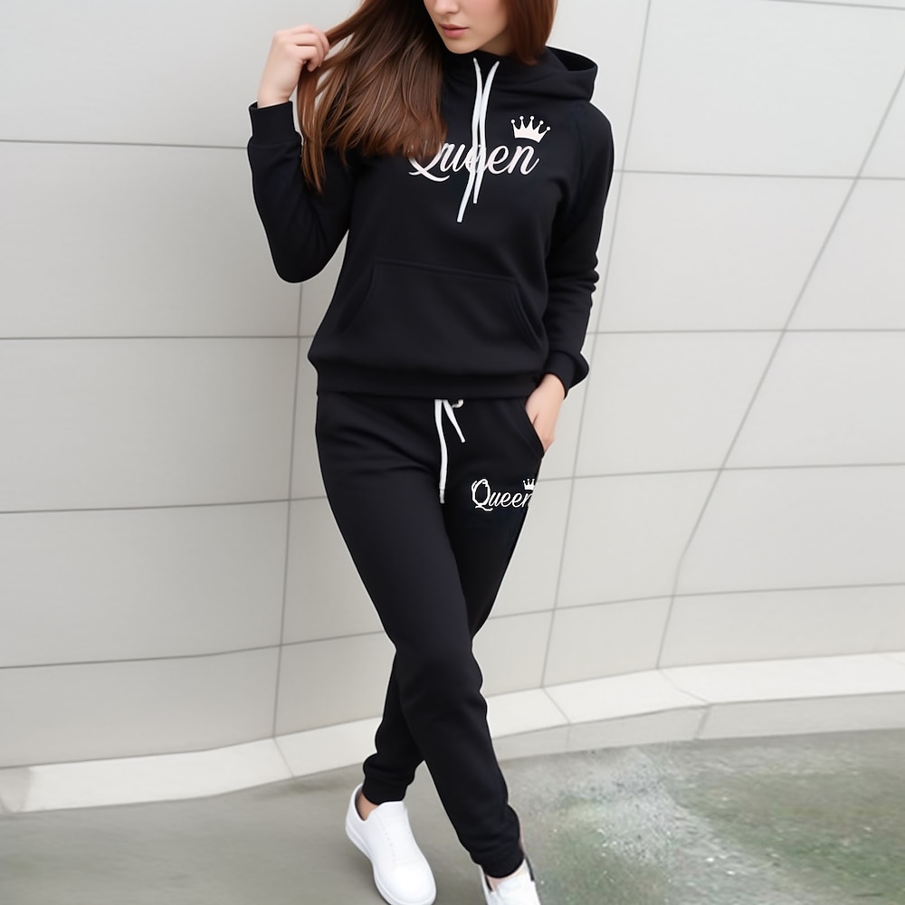 Damen Warm Sport Hoodie Sweatshirt Kapuze Trainingsanzug Hosen-Sets Jogginghose Jogger Hosen Hose Langarm Mit Kapuze Buchstabe Kordelzug Bedruckt Outdoor Casual Schwarz Rosa Wein Herbst Winter Lightinthebox