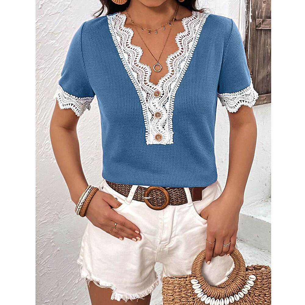 Damen T Shirt Sommertops Waffel Spitze Patchwork Casual Modisch Modern Kurzarm V Ausschnitt Blau Sommer Lightinthebox