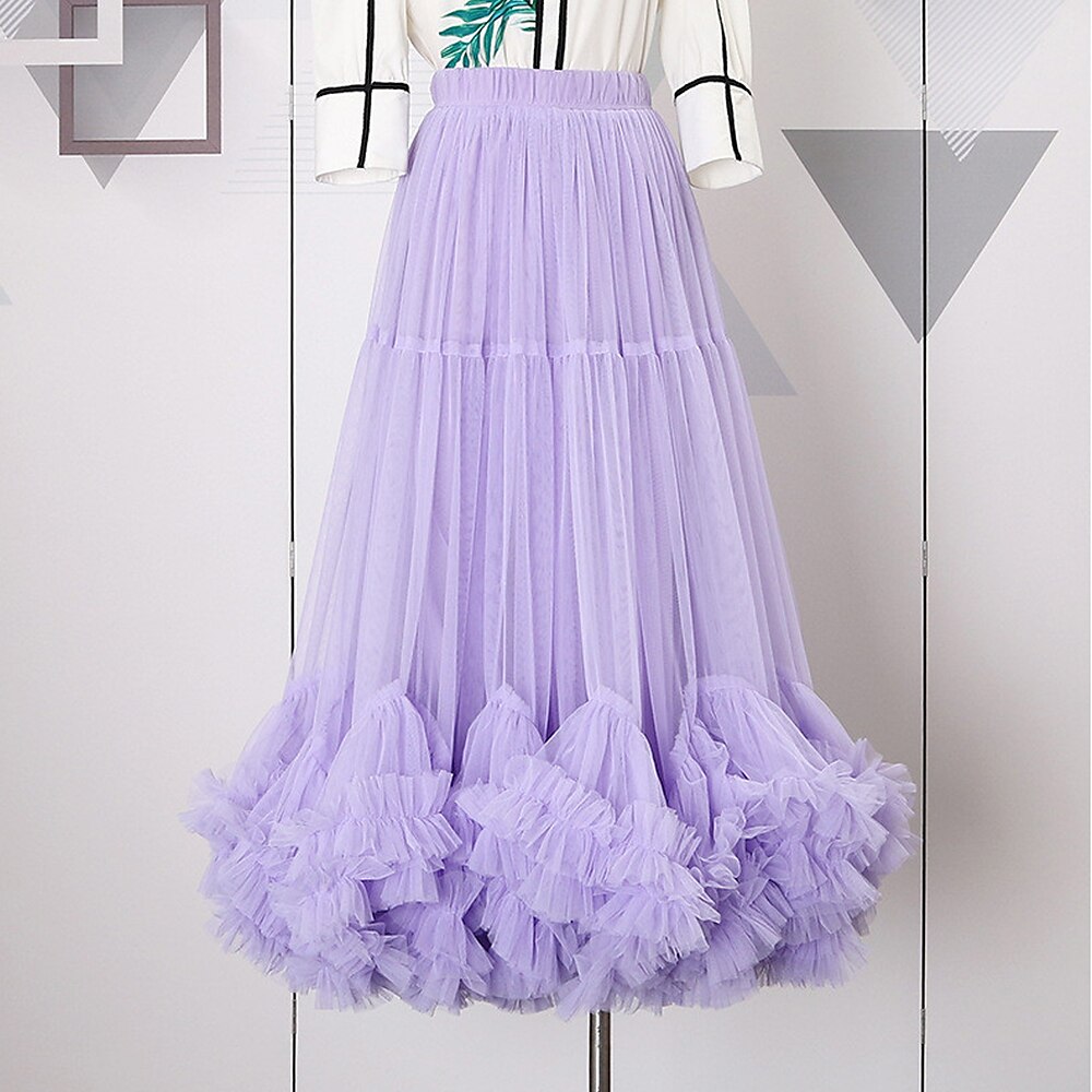 Damenrock Swing Maxi High Waist Röcke Rüschen Tüll Unifarben Date Urlaub Sommer Elegant Mode Schwarz Mandel Rosa Lila Lightinthebox