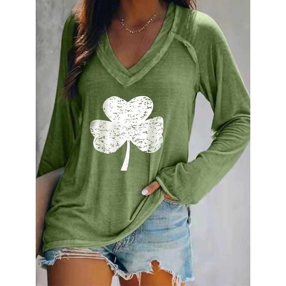 Damen T Shirt Kleeblatt Modisch Langarm V Ausschnitt Normale Oberteile St.Patrick's Day Casual Bedruckt Gras-Grün Weiß Hellgrün Dunkelgrün Grün Frühling Herbst Lightinthebox