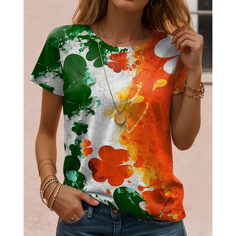 Damen T Shirt Modisch Batik Kleeblatt Irische Flagge Normale Oberteile Kurzarm Rundhalsausschnitt Bedruckt Regular Fit St.Patrick's Day Täglich Wochenende Rote Blau Purpur Grün Sommer Lightinthebox